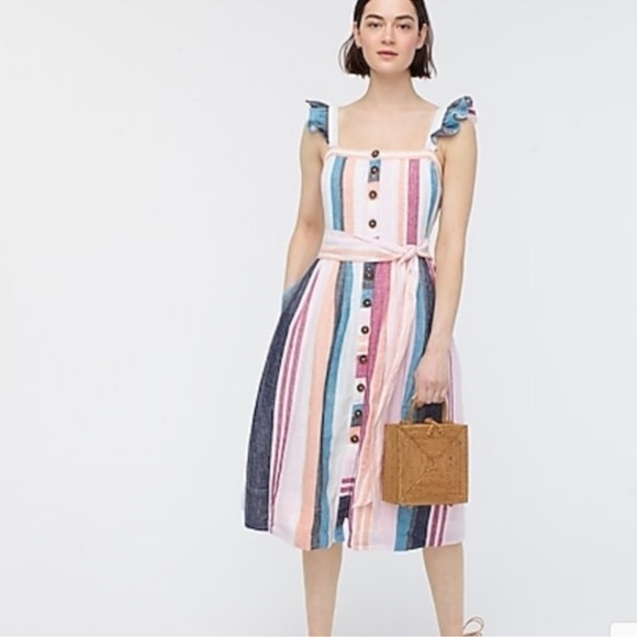 Jcrew Linen Stripe Midi Dress Button Up Ruffle Shoulder - Picture 1 of 9
